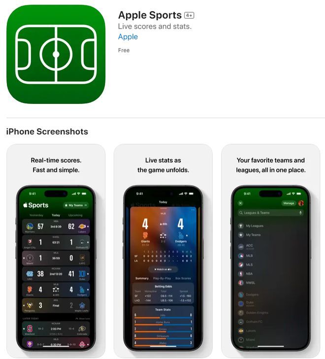 苹果推半岛·BOB官方网站出免费体育赛事应用“Apple Sports”(图1)